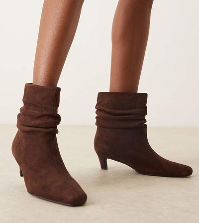 Glamorous Wide Fit Glamorous Wide Fit kitten heel ruched mid ankle boots in brown microsuede