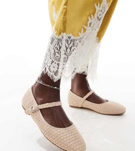 Glamorous Wide Fit Glamorous Wide Fit mary jane ballet flats in raffia-Neutral