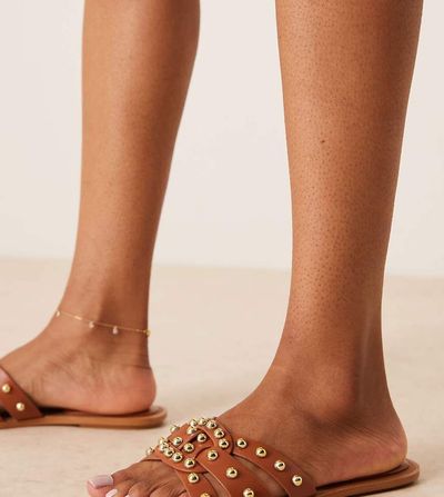 Glamorous Wide Fit Glamorous Wide Fit studded flat sandals in tan-Brown