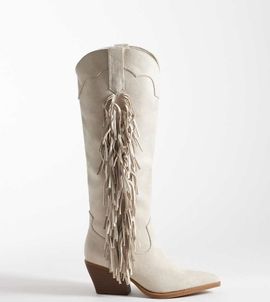 Glamorous Wide Fit Glamorous Wide Fit western fringe knee boots in cream suedette-White