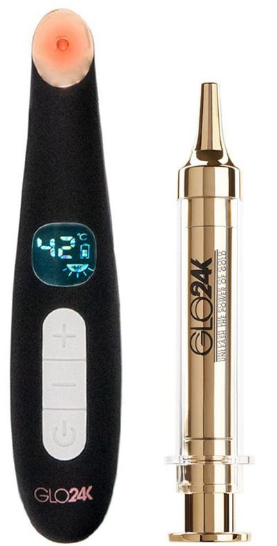 GLO24K UNLEASH THE POWER OF GOLD GLO24K UNLEASH THE POWER OF GOLD LED Eye Care Beauty Massager + 24k Express Facelift Cream.