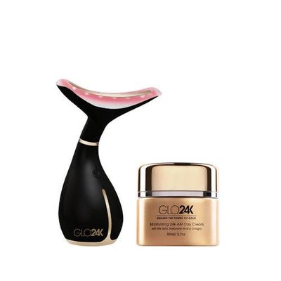 GLO24K UNLEASH THE POWER OF GOLD GLO24K UNLEASH THE POWER OF GOLD Neck & Face LED Beauty Massager + 24k Moisturizing Day Cream.