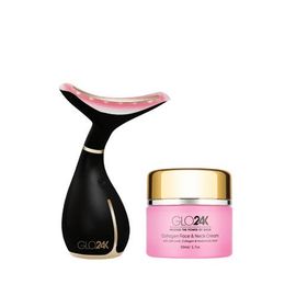 GLO24K UNLEASH THE POWER OF GOLD GLO24K UNLEASH THE POWER OF GOLD Neck & Face LED Beauty Massager +Collagen Neck Cream.
