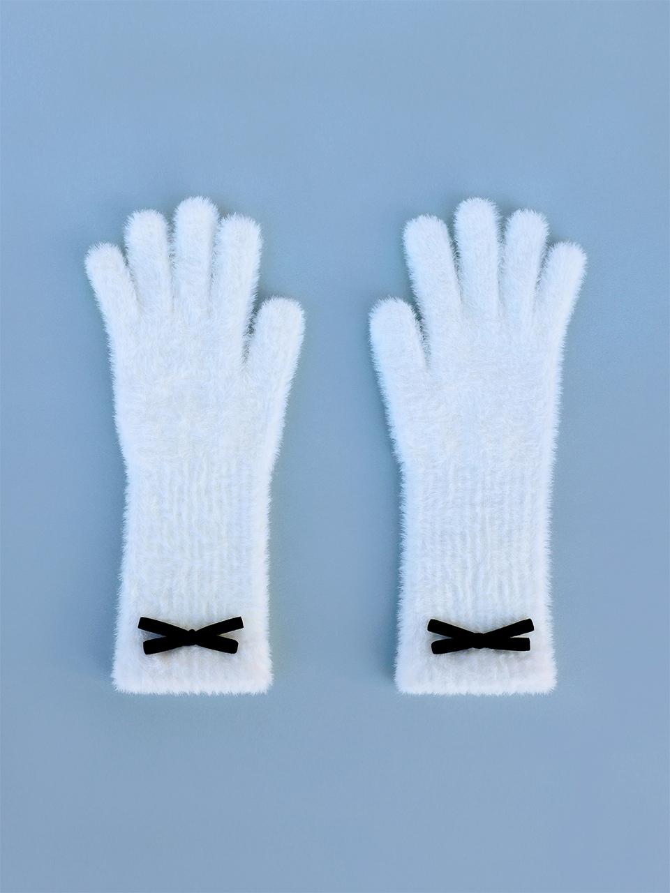GOCORI FUZZY RIBBON FINGER HOLE GLOVES - WHITE