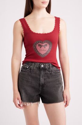 GOLDEN HOUR GOLDEN HOUR Delicate Heart Lace Trim Graphic Tank Top