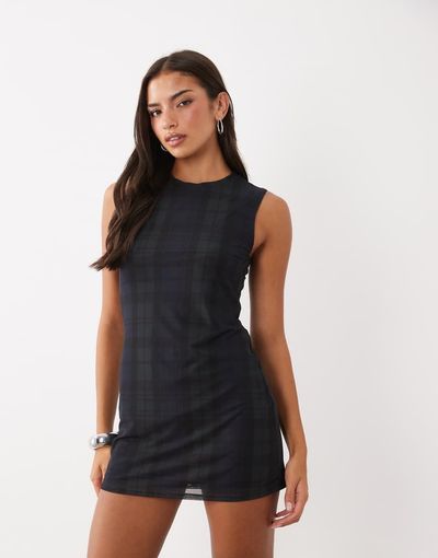 Good American Good American cami mesh mini dress set in tartan blue and green-MULTI
