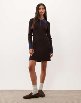 Good American Good American contrast collar detail knit polo mini dress in chocolate brown