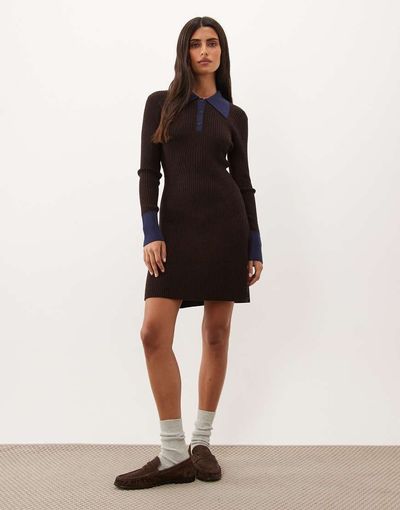 Good American Good American contrast collar detail knit polo mini dress in chocolate brown