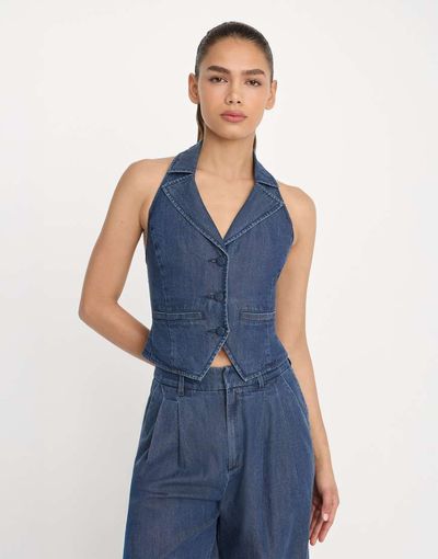 Good American Good American denim luxe suiting halter neck vest in indigo - part of a set-Navy