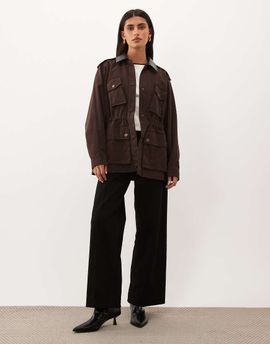 Good American Good American faux leather collar field jacket in chocolate brown