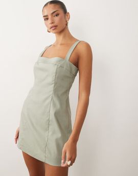 Good American Good American linen blend tailored square neck mini dress in sage green