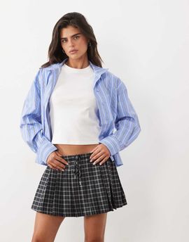 Good American Good American low rise elastic waist bow detail pleated mini skirt in charcoal plaid-Gray