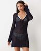 Good American Good American scoop neck tie front crochet mini beach dress in navy - 4