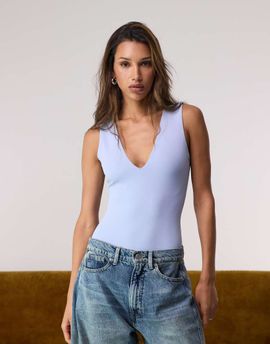Good American Good American sculpting deep v tank bodysuit in sky mist-Blue