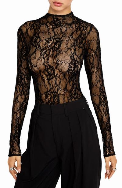 Good American Good American Sheer Lace Mock Neck Long Sleeve Bodysuit