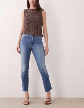 Good American Good American Soft Tech Good Legs frayed hem cropped straight jeans in mid blue wash