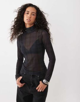 Good American Good American turtleneck long sleeve mesh top set in tartan navy and green-MULTI
