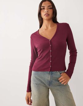 Good American Good American v-neck button down ribbed cardigan in burgundy-Red