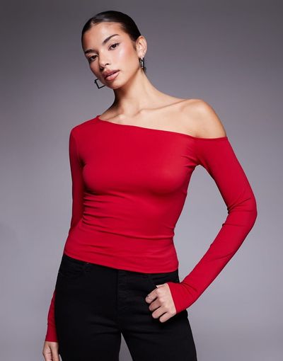 Good American Good American weightless sculpted off the shoulder long sleeve top in red