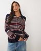 Good American Good American wool oversized button down rugby sweater in navy and burgundy stripes-Multi - 1