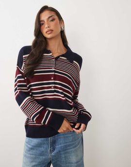 Good American Good American wool oversized button down rugby sweater in navy and burgundy stripes-Multi