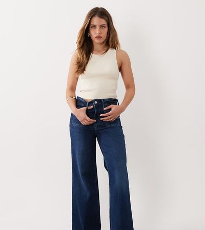 Good American Petite Good American Petite soft tech good waist palazzo jeans in dark blue wash-Navy