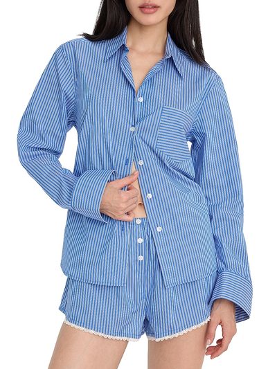 Good American Women's Striped Poplin Cotton-Blend Shirt
