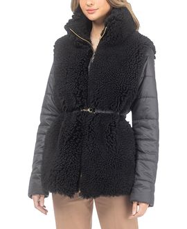 Gorski Gorski Curly Shearling Lamb Jacket with Quilted Sleeves and Back with Belt