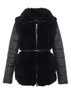 Gorski Women's Curly Shearling Lamb Jacket with Quilted Sleeves and Back, Belt
