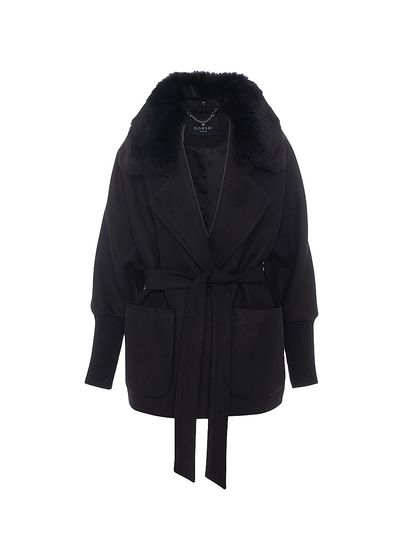 Gorski Women's Fabric Coat with Detachable Shearling Lamb Collar, Belt