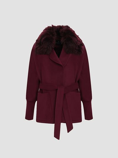 Gorski Women's Fabric Jacket with Detachable Shearling Lamb Collar, Belt