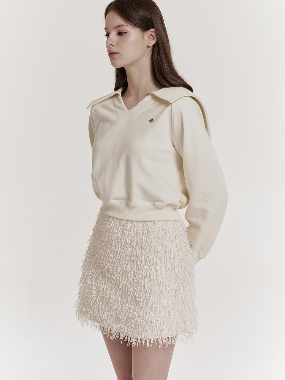 GRACE U Fringe Glossy Stretchy Mini Skirt [Beige]