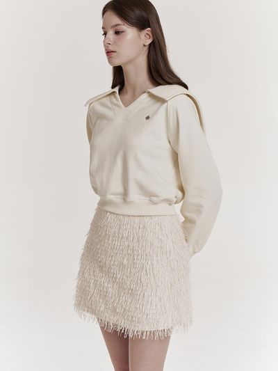 GRACE U Fringe Glossy Stretchy Mini Skirt [Beige]