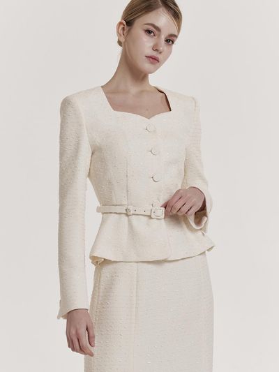 GRACE U Heart Neckline Peplum Tweed Jacket [Cream]