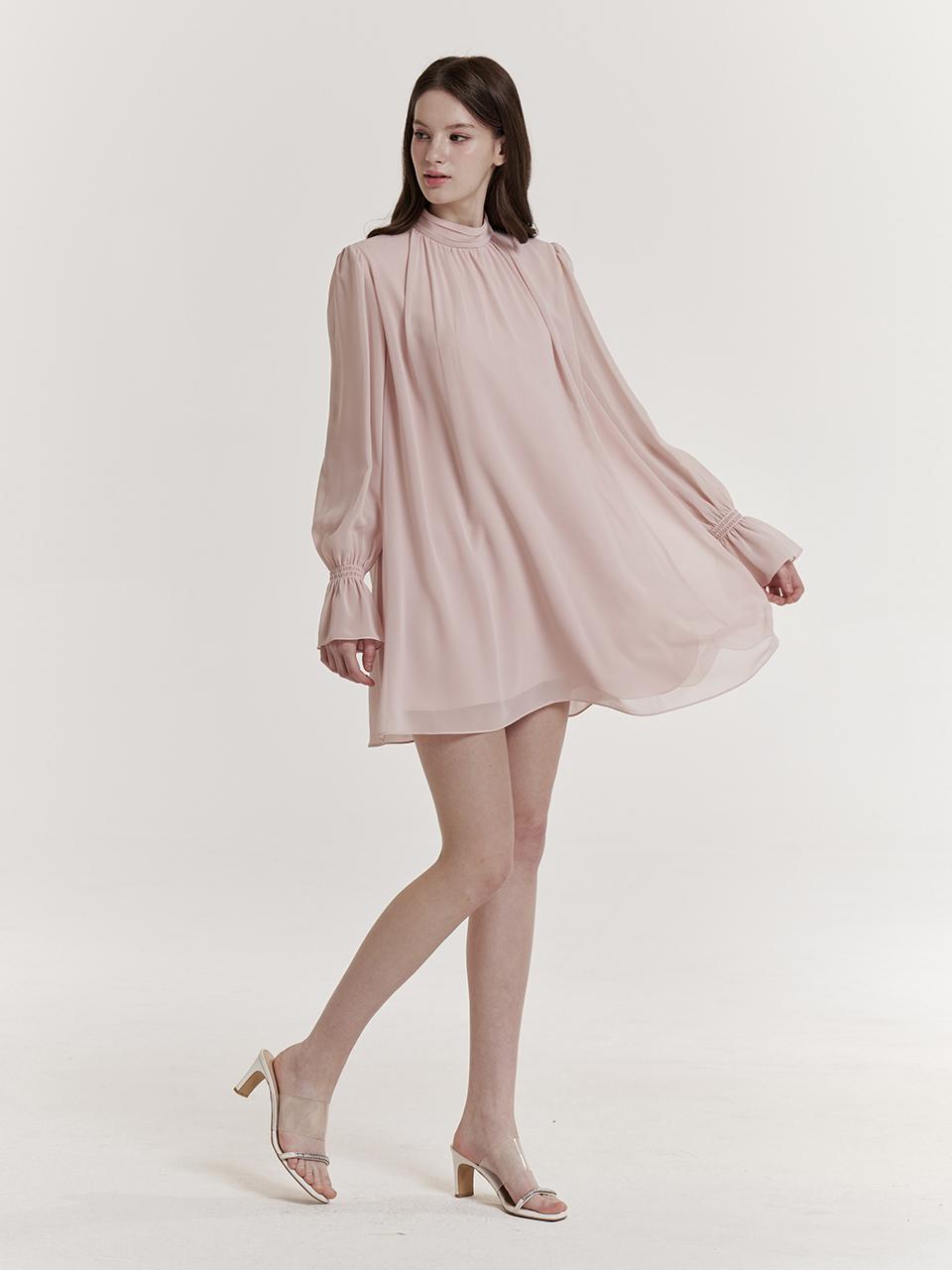 GRACE U Pleated Sheer Chiffon Dress [Pink]