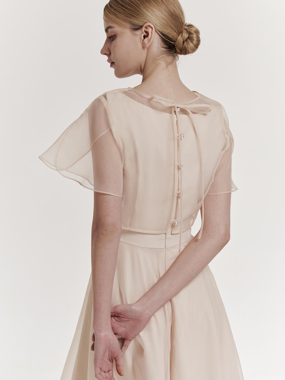 GRACE U Sheer Tulip Sleeve Reversible Organza Blouse [Cream]