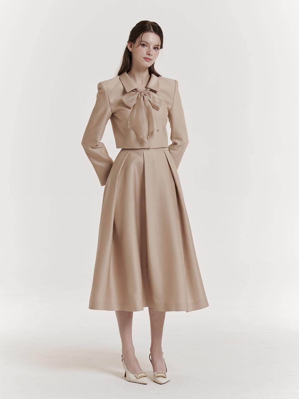 GRACE U Silk Double Pleated Flared Skirt [Beige]