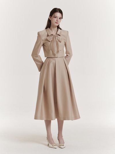 GRACE U Silk Double Pleated Flared Skirt [Beige]