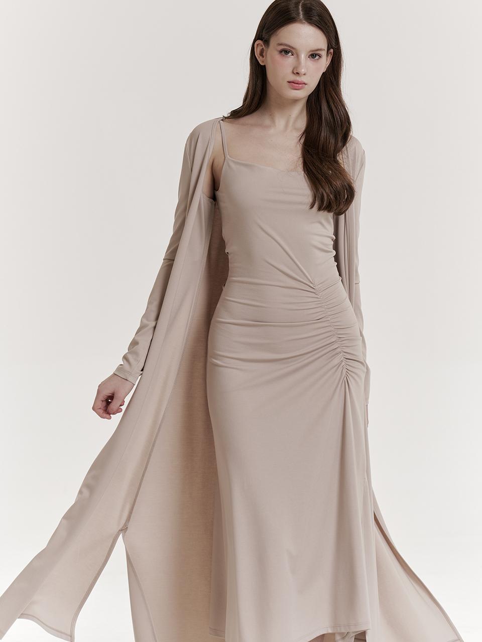 GRACE U Slim Sleeve Open Front Long Cardigan [Beige/Black]