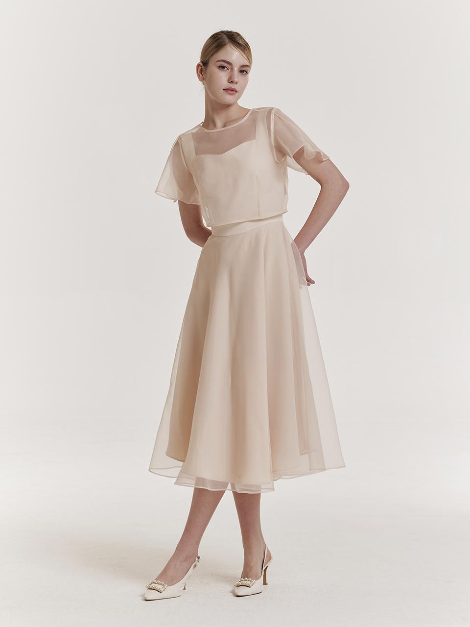 GRACE U Square Neck Sheer Organza Dress [Cream]
