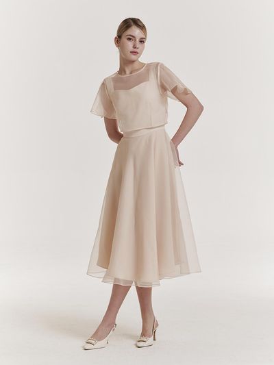 GRACE U Square Neck Sheer Organza Dress [Cream]