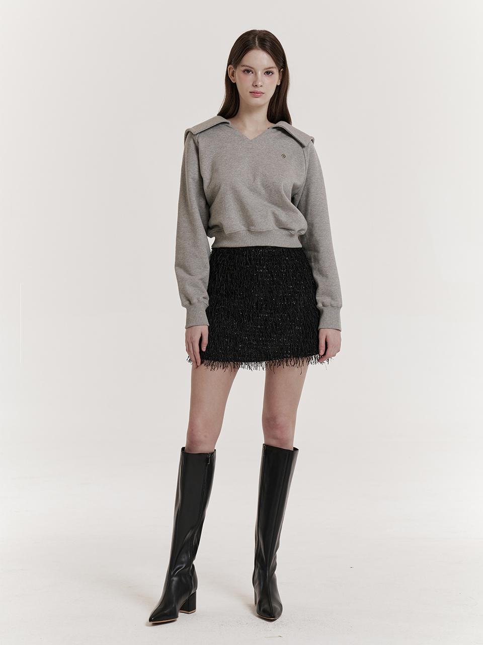 GRACE U Textured Fringe Mini Skirt [Black]