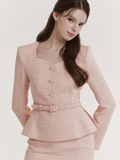 GRACE U Tweed Heart Neckline Peplum Jacket [Pink]