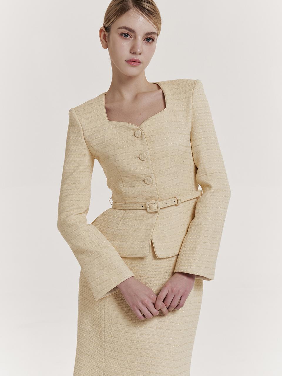 GRACE U Tweed Heart Neckline Peplum Jacket [Yellow]