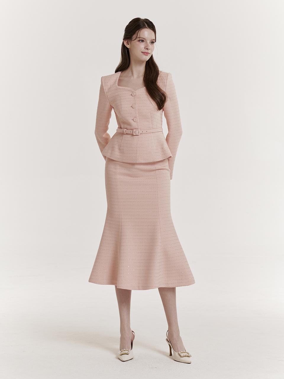 GRACE U Tweed Mermaid Flared Skirt [Pink]