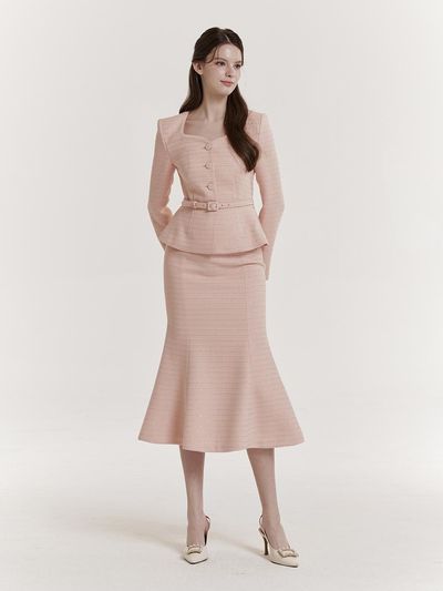 GRACE U Tweed Mermaid Flared Skirt [Pink]