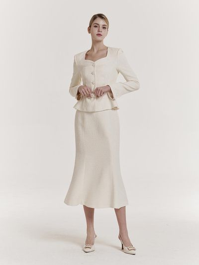 GRACE U Tweed Mermaid Striped Skirt [Cream]