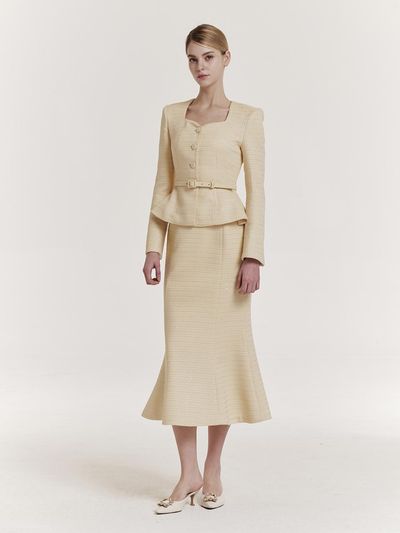 GRACE U Tweed Mermaid Striped Skirt [Yellow]