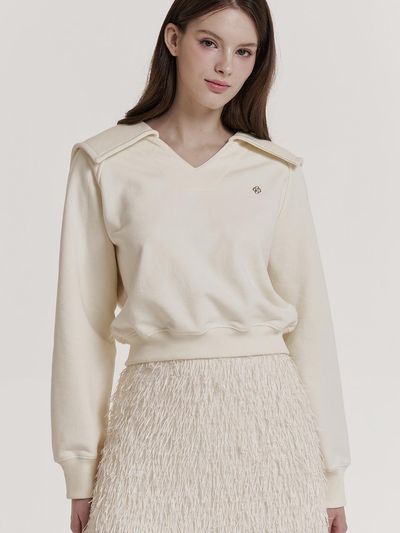 GRACE U V-neck Raglan Cotton Blend Sweatshirt [Cream/Grey]
