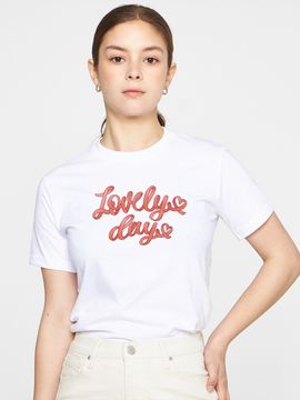 GRAVER [WOMAN] Ribbon Typography Heart Cropped T-shirt